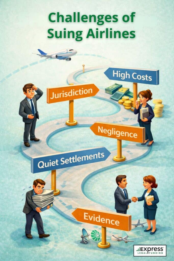 The challenges of suing airlines, including jurisdiction, negligence, high costs, evidence, and quiet settlements, represented along a winding legal path with an airplane overhead.