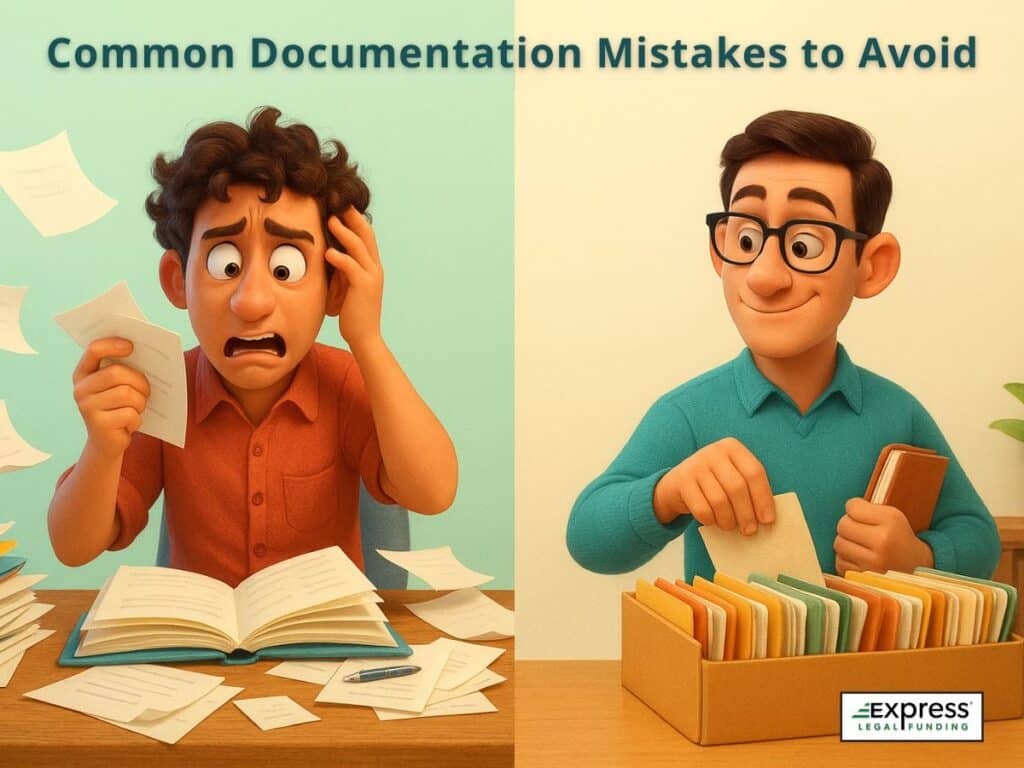 Illustration split into two scenes: on the left, a stressed man looks overwhelmed by scattered paperwork; on the right, an organized man files documents neatly, with the text “Common Documentation Mistakes to Avoid” above them.