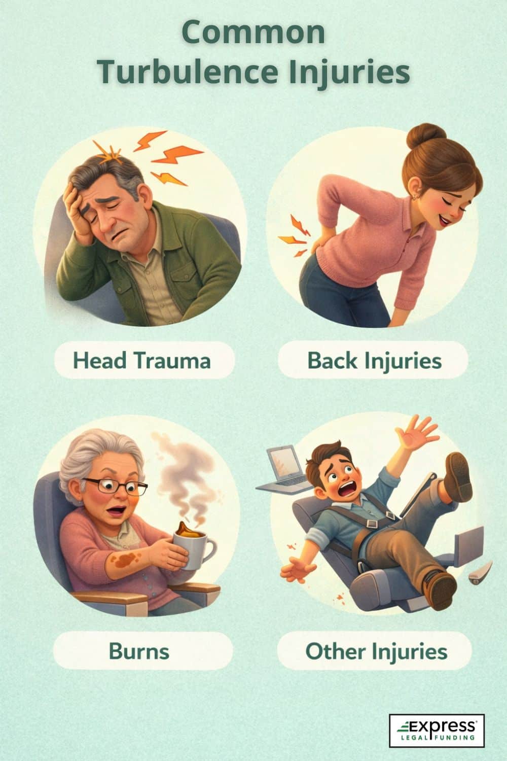 Infographic showing common airplane turbulence injuries, including head trauma, back injuries, burns from hot drinks, and other passenger injuries caused by sudden in-flight turbulence.