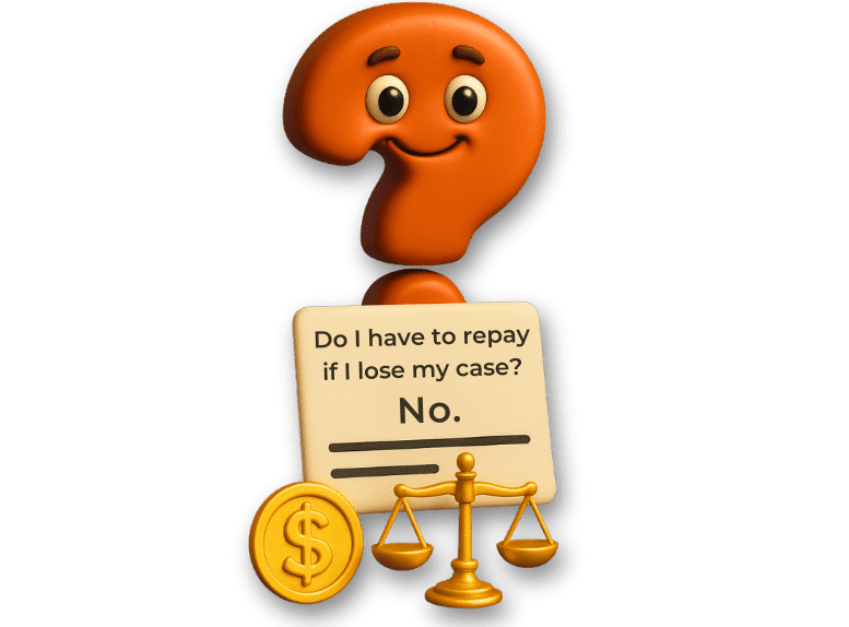 3D FAQ icon showing that plaintiffs do not repay pre-settlement funding if their case is lost under non-recourse agreements.