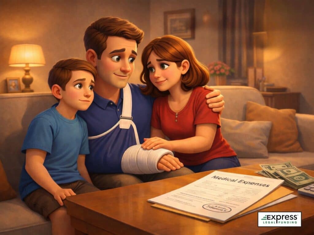 An injured man with a cast sitting with his spouse and child at home, reviewing medical expenses and bills, highlighting the emotional and financial impact of a personal injury.