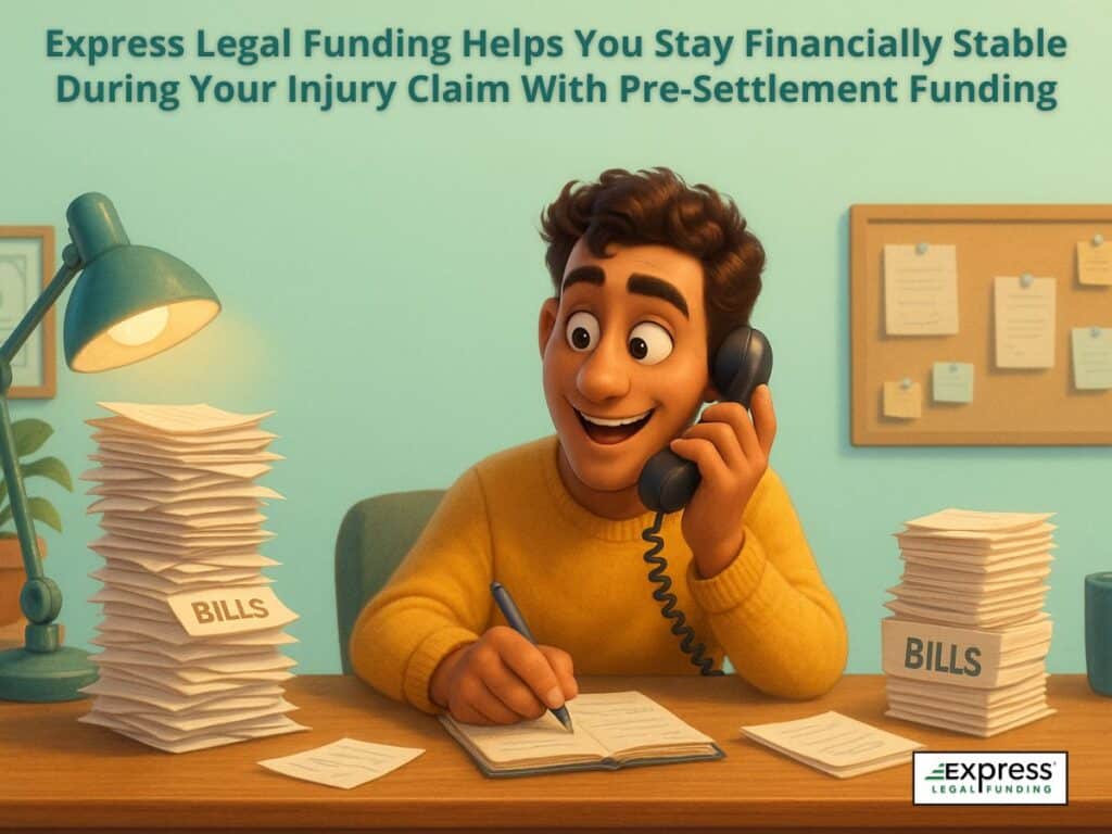 A man sitting at a desk with stacks of bills on both sides, smiling while speaking on the phone and writing notes, with the text “Express Legal Funding Helps You Stay Financially Stable During Your Injury Claim With Financiamiento Previo al Acuerdo” displayed above him.