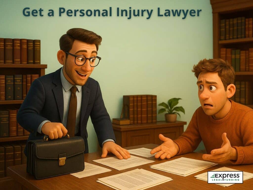 A lawyer speaking with a worried client in an office filled with legal books, with the text “Get a Lesiones Personales Lawyer” above them.