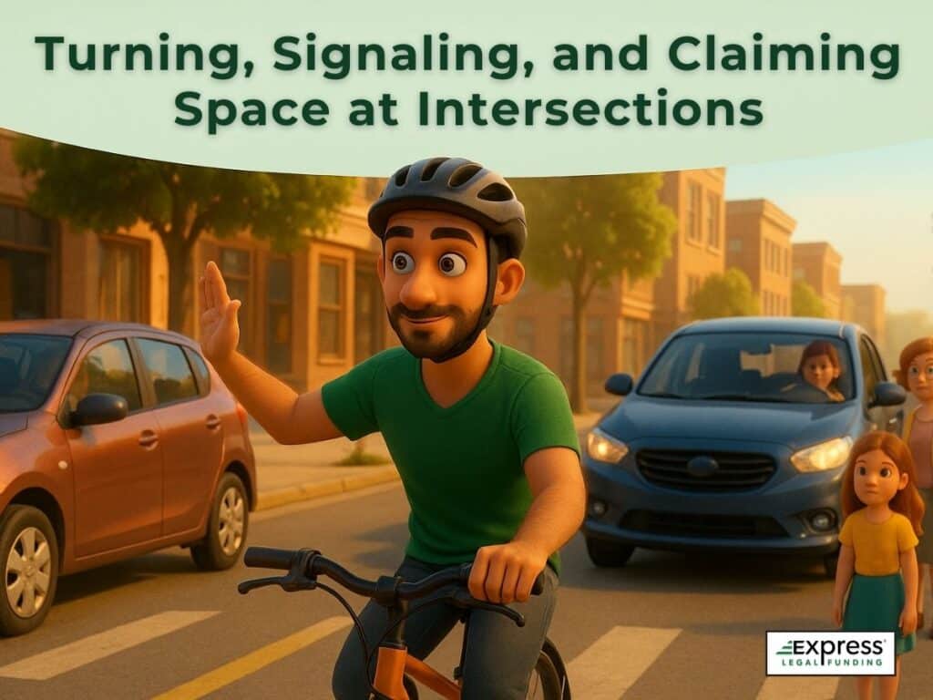 Cyclist signaling a turn at a busy intersection with cars and pedestrians nearby, showing how bike riders can safely turn, signal, and claim space according to traffic laws.