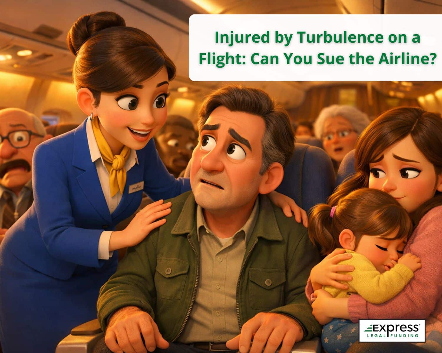 A worried airline passenger seated on a plane during turbulence while a flight attendant reassures him, as a mother holds her child nearby, representing airline turbulence injuries and passenger rights.