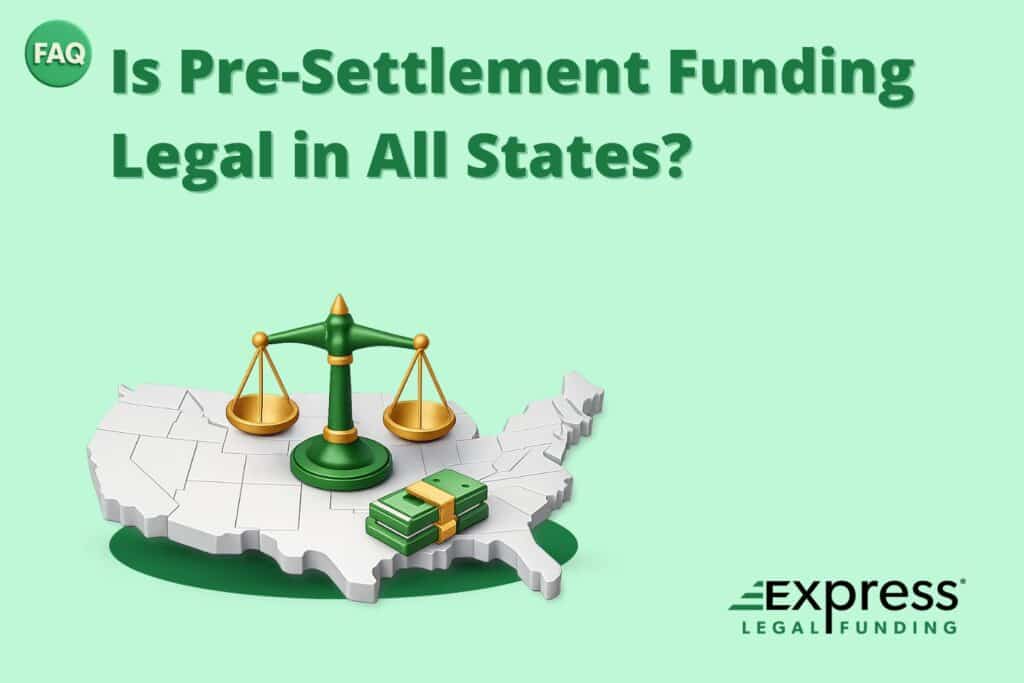 FAQ illustration showing legal and financial symbols representing the question of whether pre-settlement funding is legal in all U.S. states.