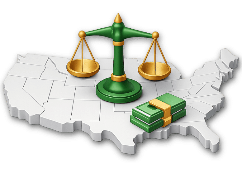 3D icon showing a U.S. map with scales of justice and a cash stack, representing state-by-state legality of pre-settlement funding.