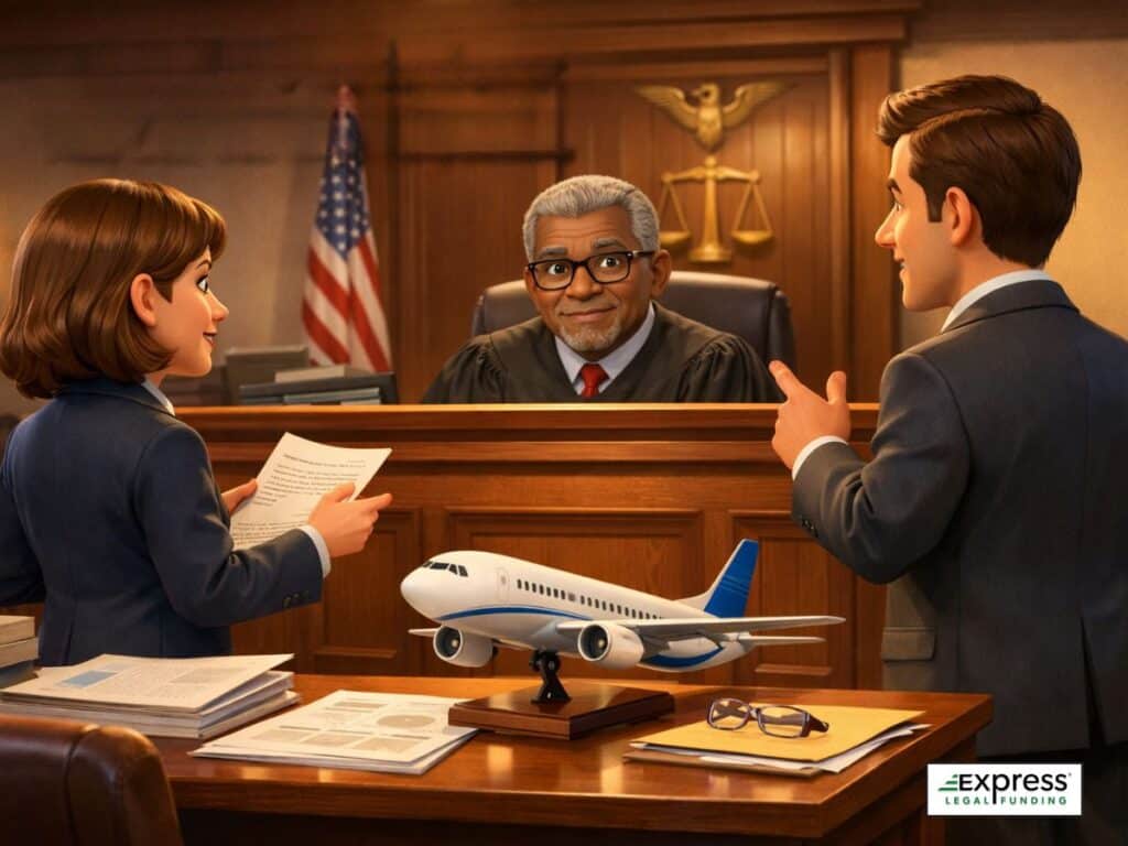 A courtroom scene showing a judge listening to two attorneys, with a model airplane on a desk symbolizing an aviation-related legal case and responsibility.