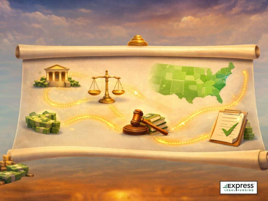 Illustration of legal documents, court symbols, and a U.S. map showing how pre-settlement funding laws vary across states.