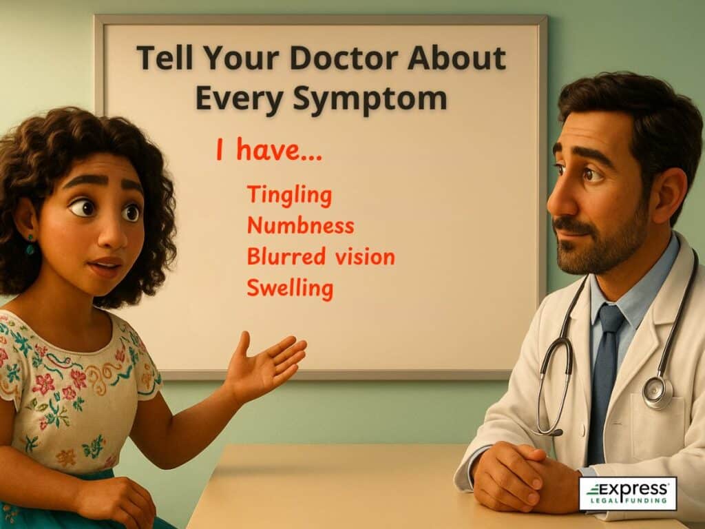 A woman describing her symptoms to a doctor, with a whiteboard behind them listing “Tingling, Numbness, Blurred vision, Swelling” and the headline “Tell Your Doctor About Every Symptom.”