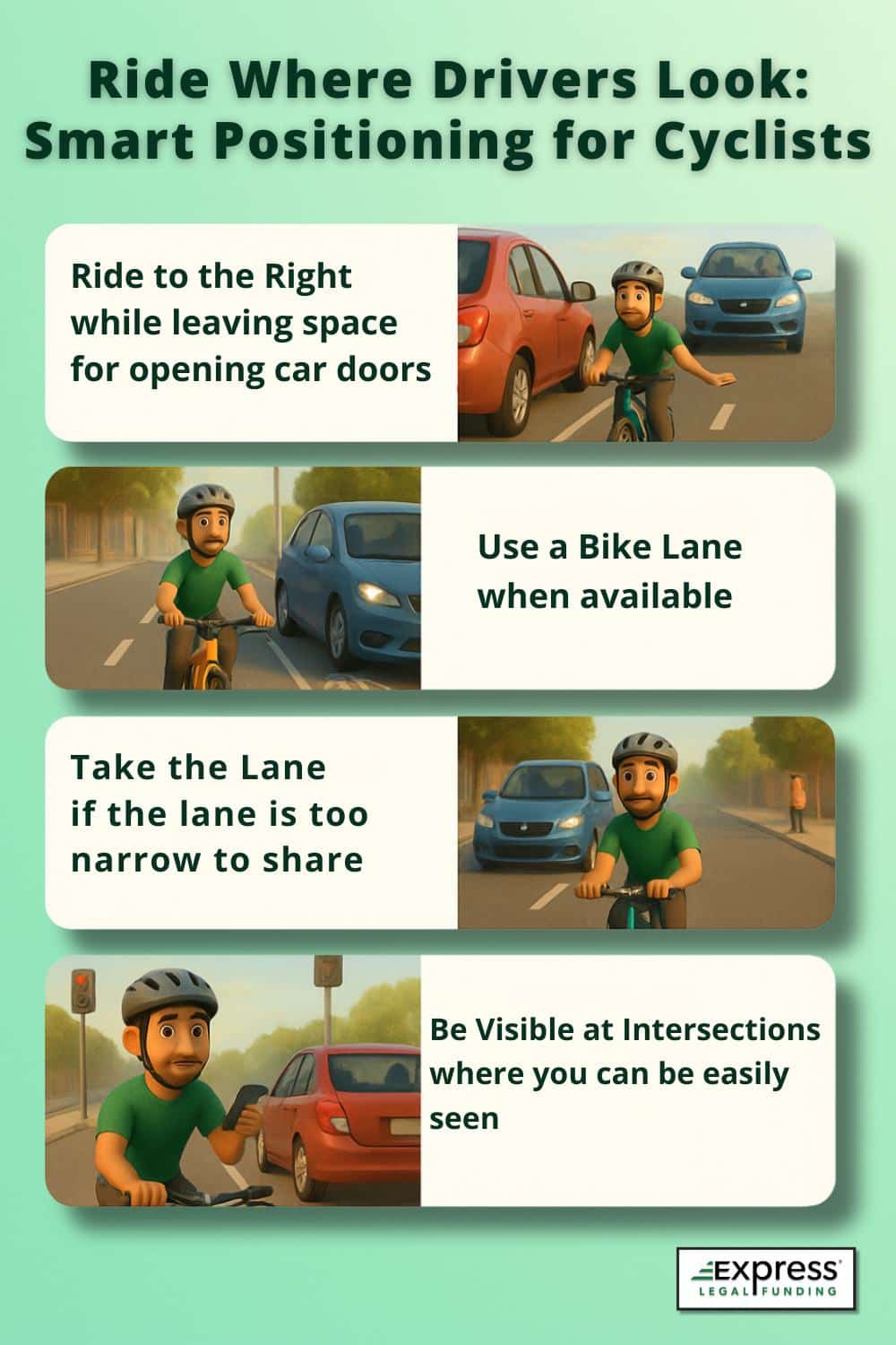 Infographic showing cycling safety tips such as riding to the right safely, using bike lanes, taking the lane when too narrow to share, and staying visible at intersections.