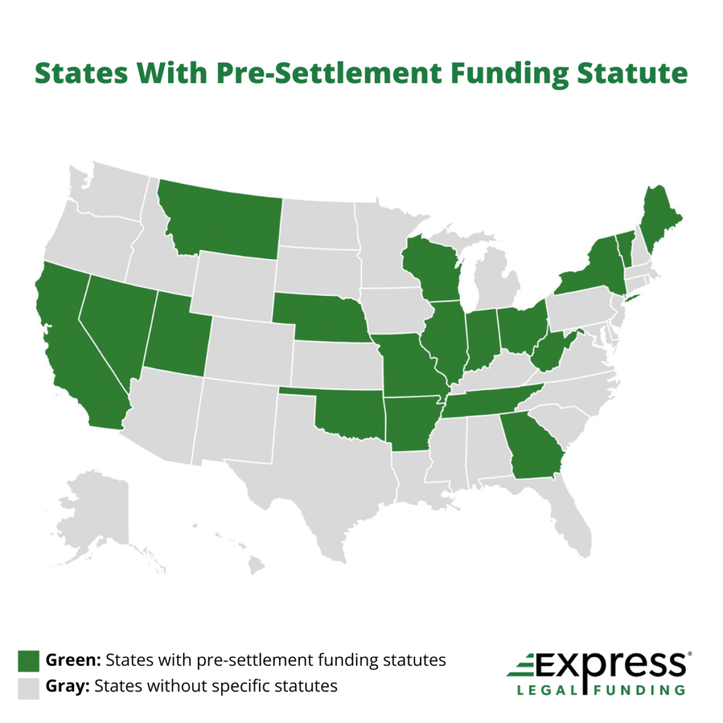Infographic map highlighting U.S. states with statutes regulating pre-settlement funding and states without specific legal funding laws.