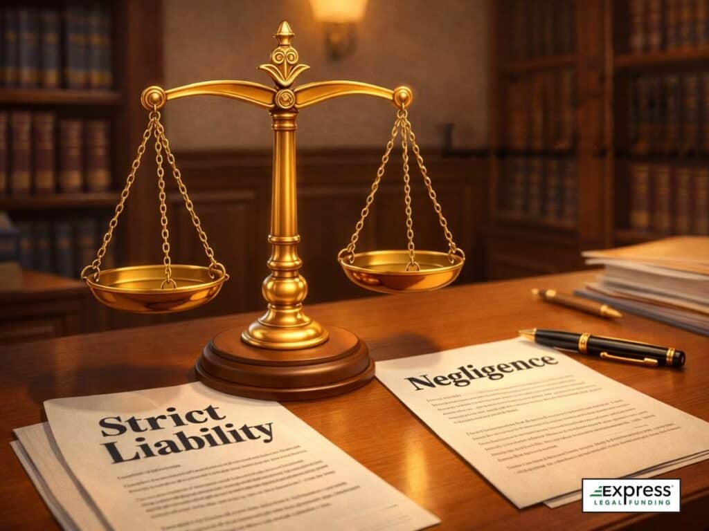 A balance scale on a desk between documents labeled strict liability and negligence, representing two legal standards used to determine responsibility.