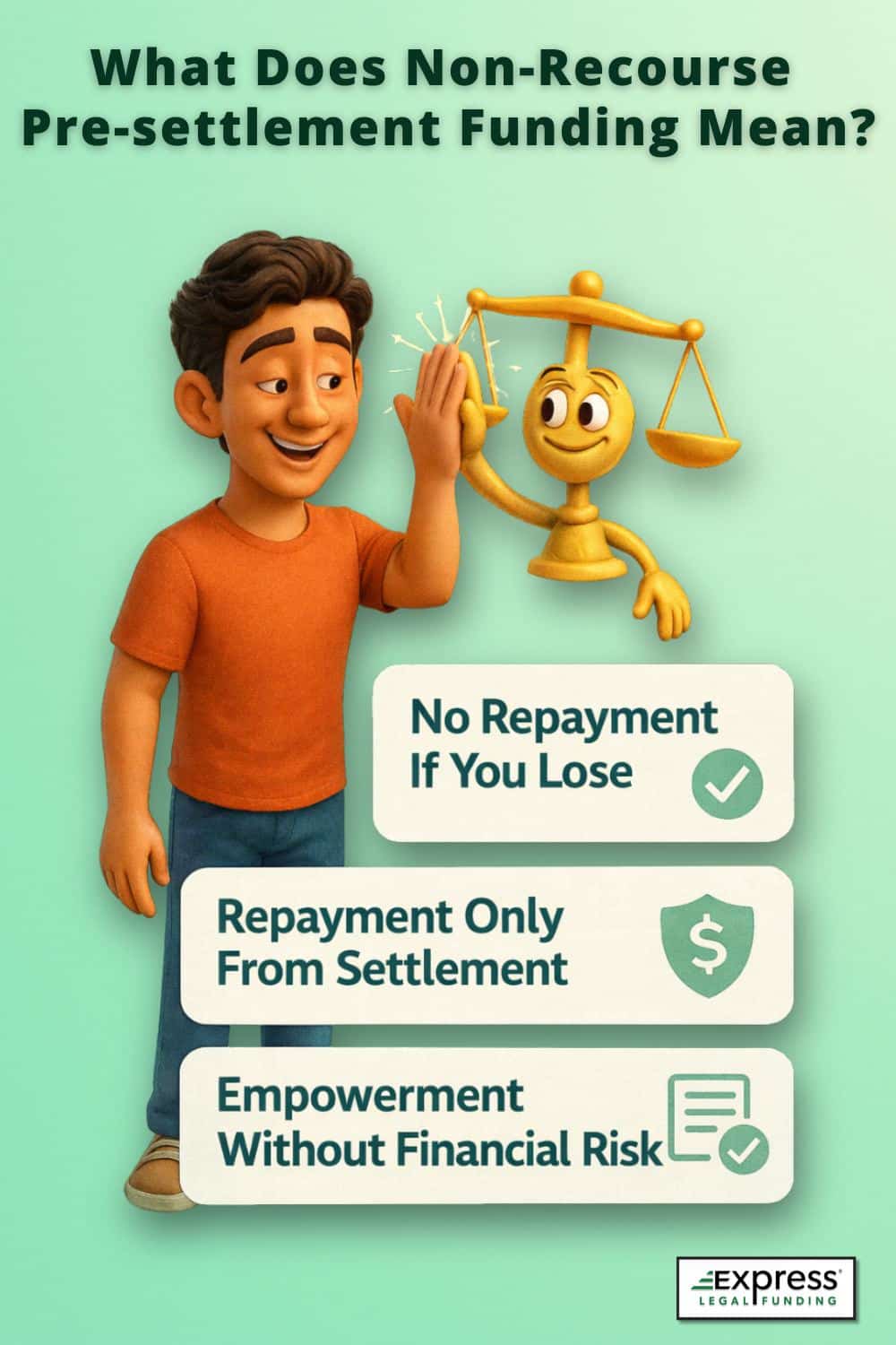 Infographic explaining non-recourse pre-settlement funding, including no repayment if you lose and repayment only from settlement proceeds.