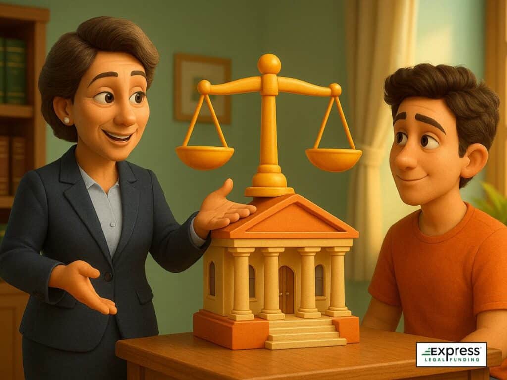 An attorney showing that pre-settlement funding is repaid only after a lawsuit settles or results in a court award.