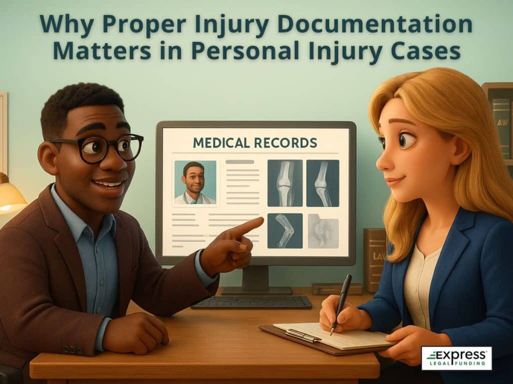 A lawyer reviewing medical records on a computer with a client, showing X-rays and patient information, with the header “Why Proper Injury Documentation Matters in Lesiones Personales Cases.