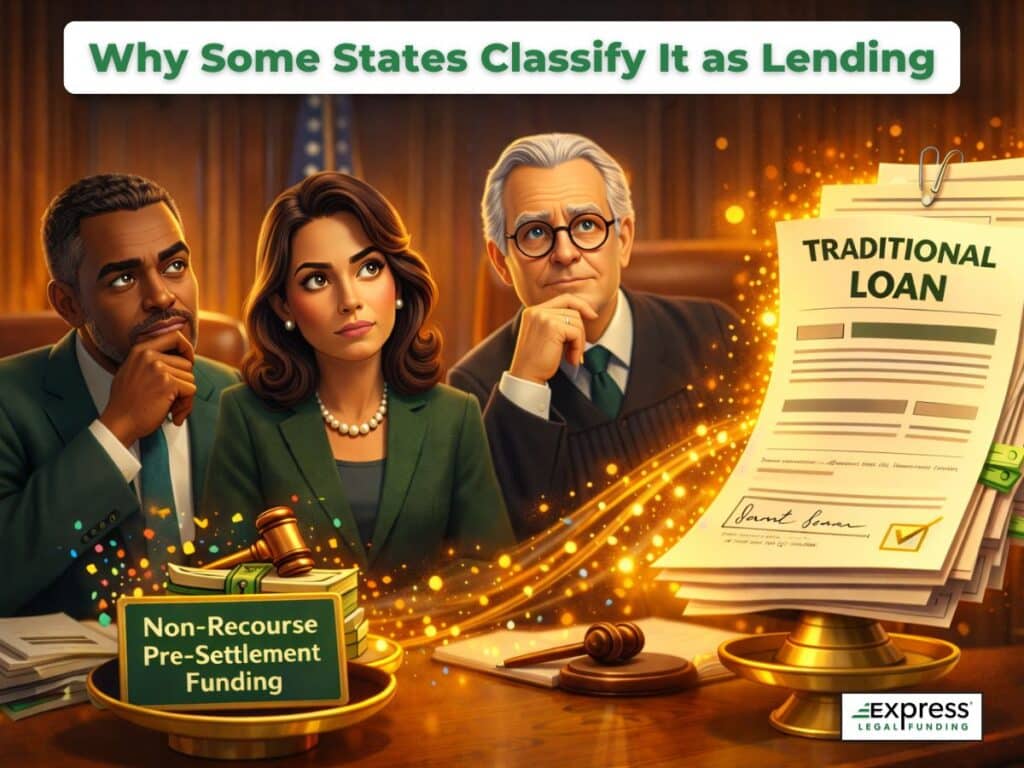 Illustration showing legal professionals comparing non-recourse pre-settlement funding with a traditional loan to explain why some states classify funding as lending.