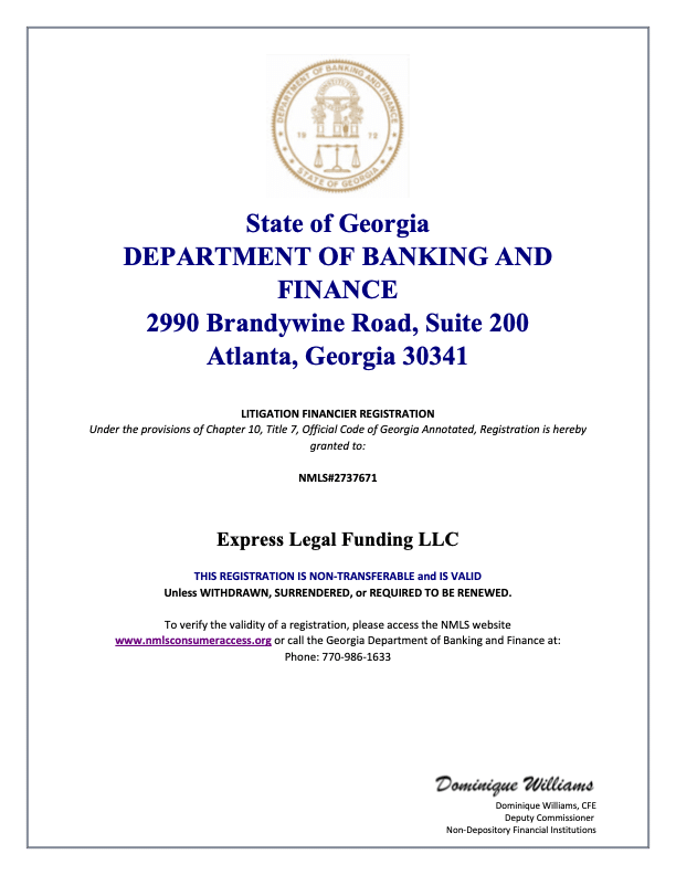 Georgia litigation financier registration certificate issued to Express Legal Funding LLC by the Georgia Department of Banking and Finance.