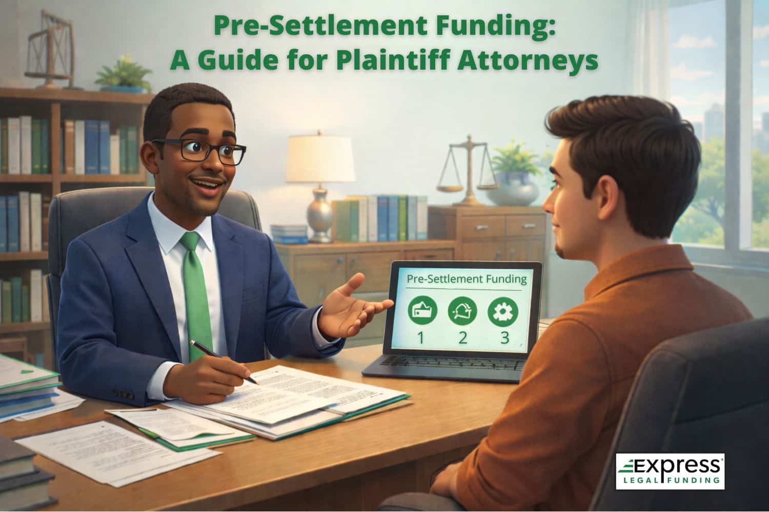 Plaintiff attorney advising a client on how pre-settlement funding works during an active lawsuit.
