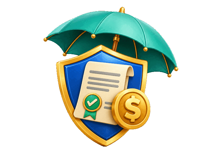 Blue shield protecting a policy document and dollar coin beneath an umbrella, representing insurance coverage.