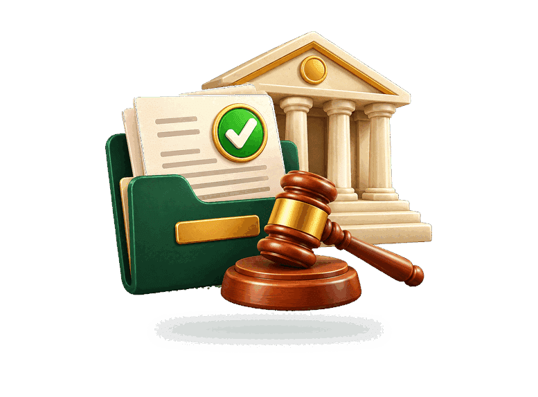 3D courthouse, accepted complaint folder, and gavel representing a filed lawsuit.