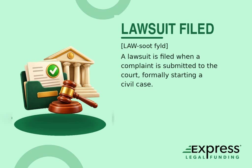 Lawsuit Filed glossary graphic with a courthouse, accepted complaint folder, and gavel.