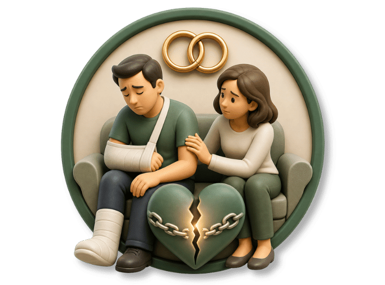 3D icon of injured spouse with arm in sling being comforted by partner, representing loss of consortium and impact on marital relationship.