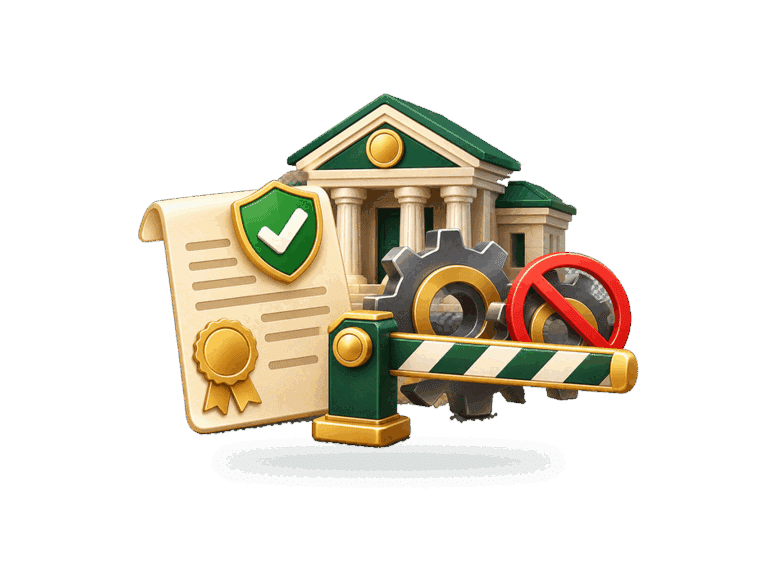 3D official rule document and lowered barrier controlling access to industrial gears.