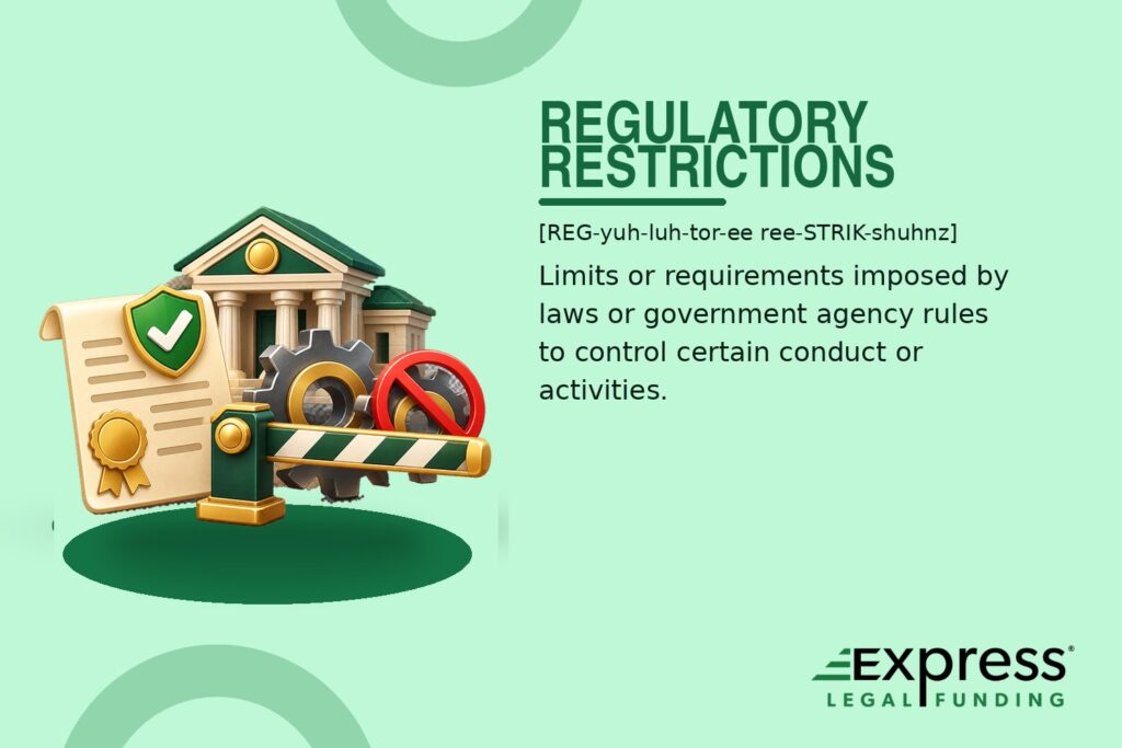 Regulatory restrictions glossary graphic with an agency building, official rule document, gears, and lowered barrier.