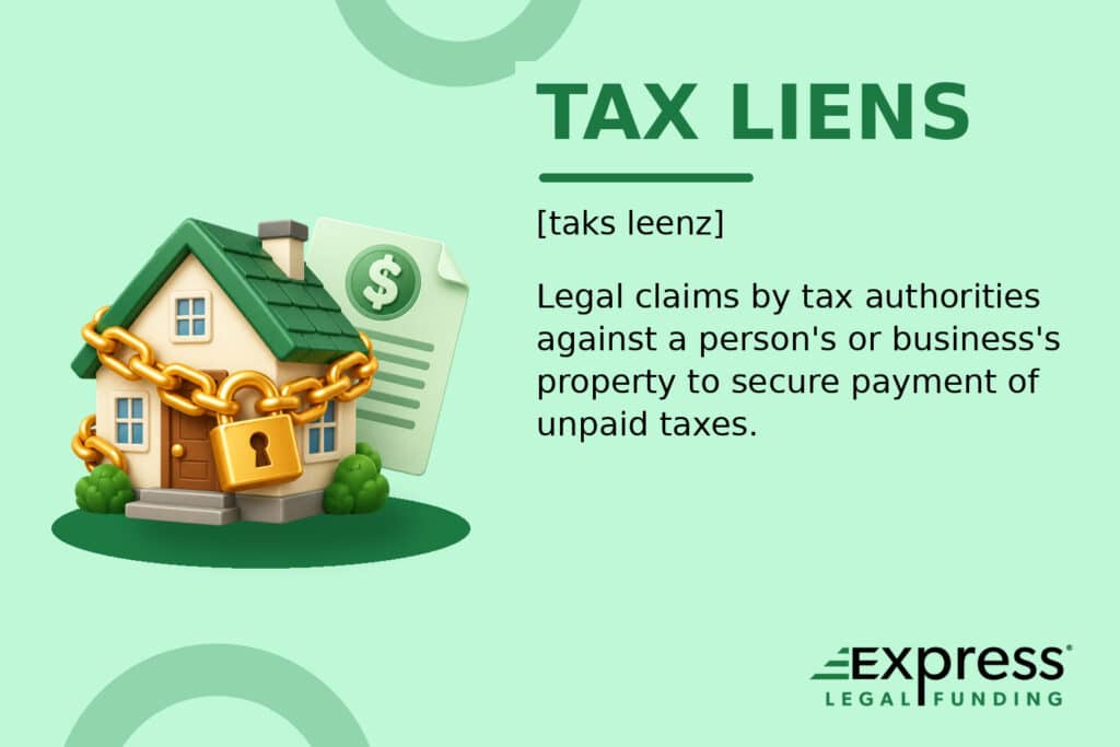 Tax Liens glossary graphic with a chained and locked house representing a legal claim against property.