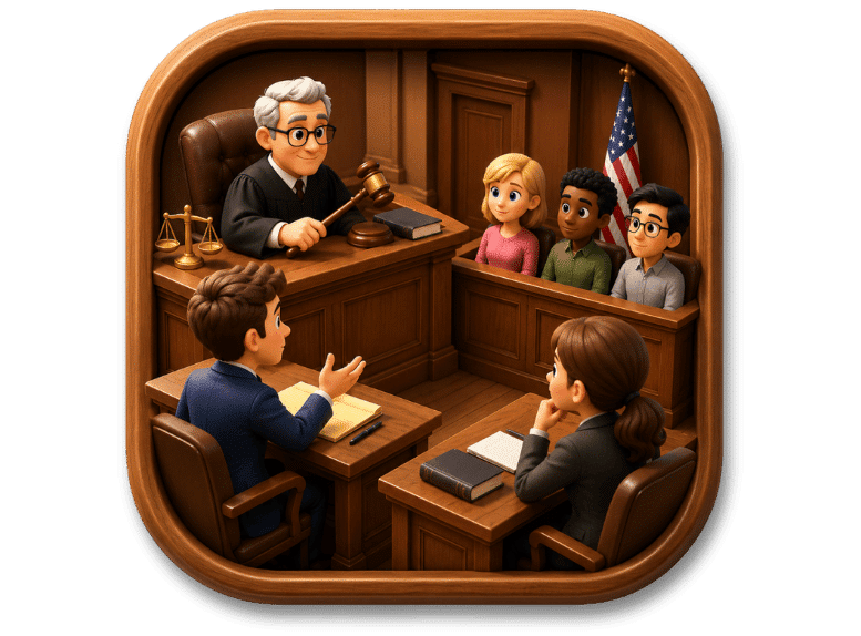 Icon of a trial scene in court representing the definition of trial in law.