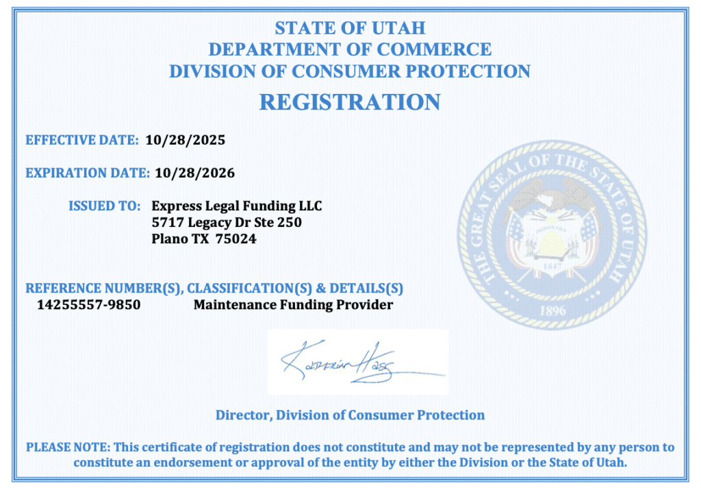 Express Legal Funding LLC Utah maintenance funding provider registration certificate issued by the Utah Department of Commerce.