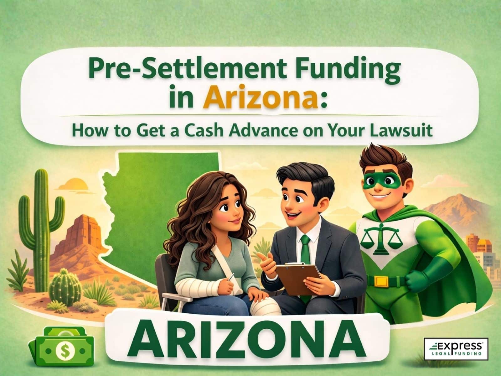 An injured plaintiff speaking with an attorney and legal funding superhero in Arizona representing pre-settlement funding for lawsuit cash advances.