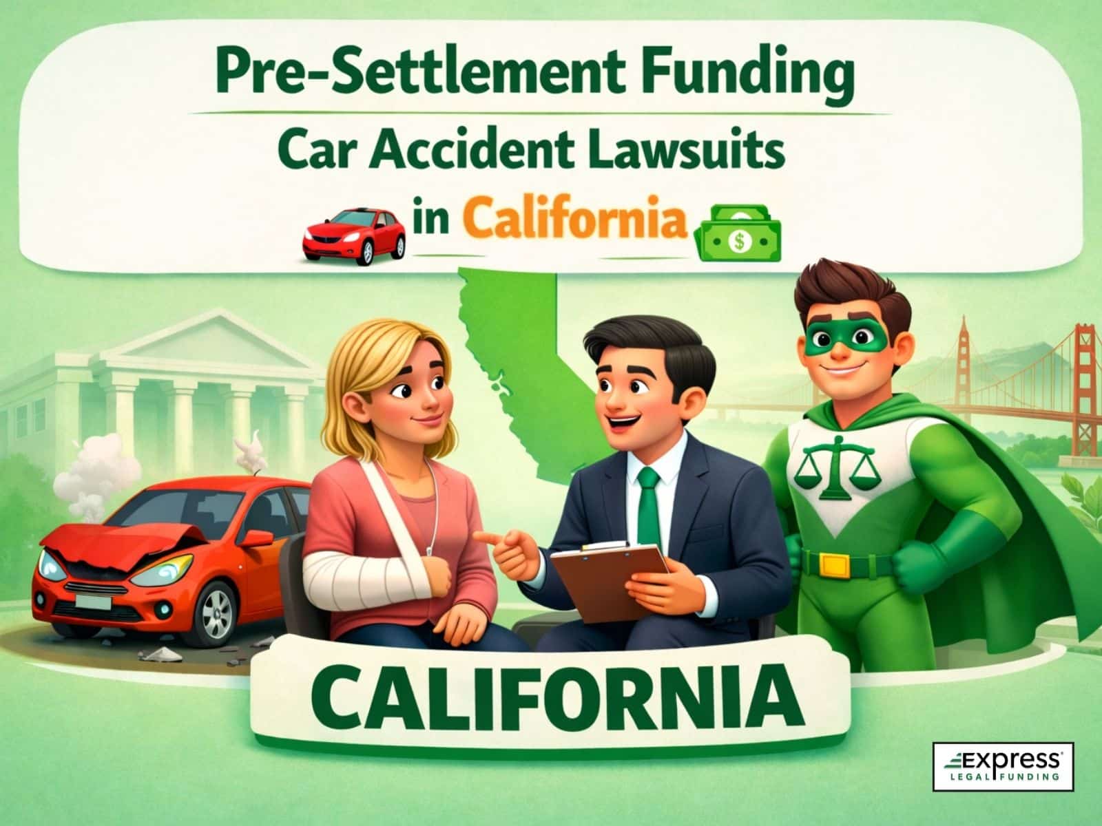 Illustration of pre-settlement funding for car accident lawsuits in California with injured victim, attorney, and financial support concept.
