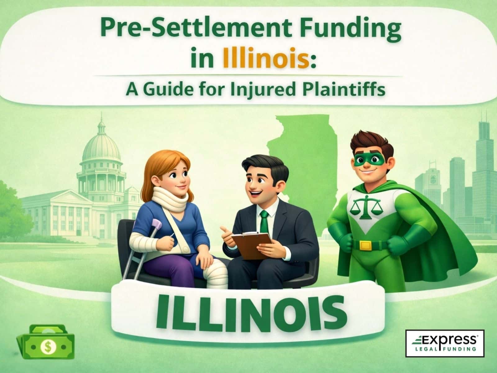 Pre-settlement funding in Illinois illustration showing injured plaintiff, lawyer, and legal funding support.