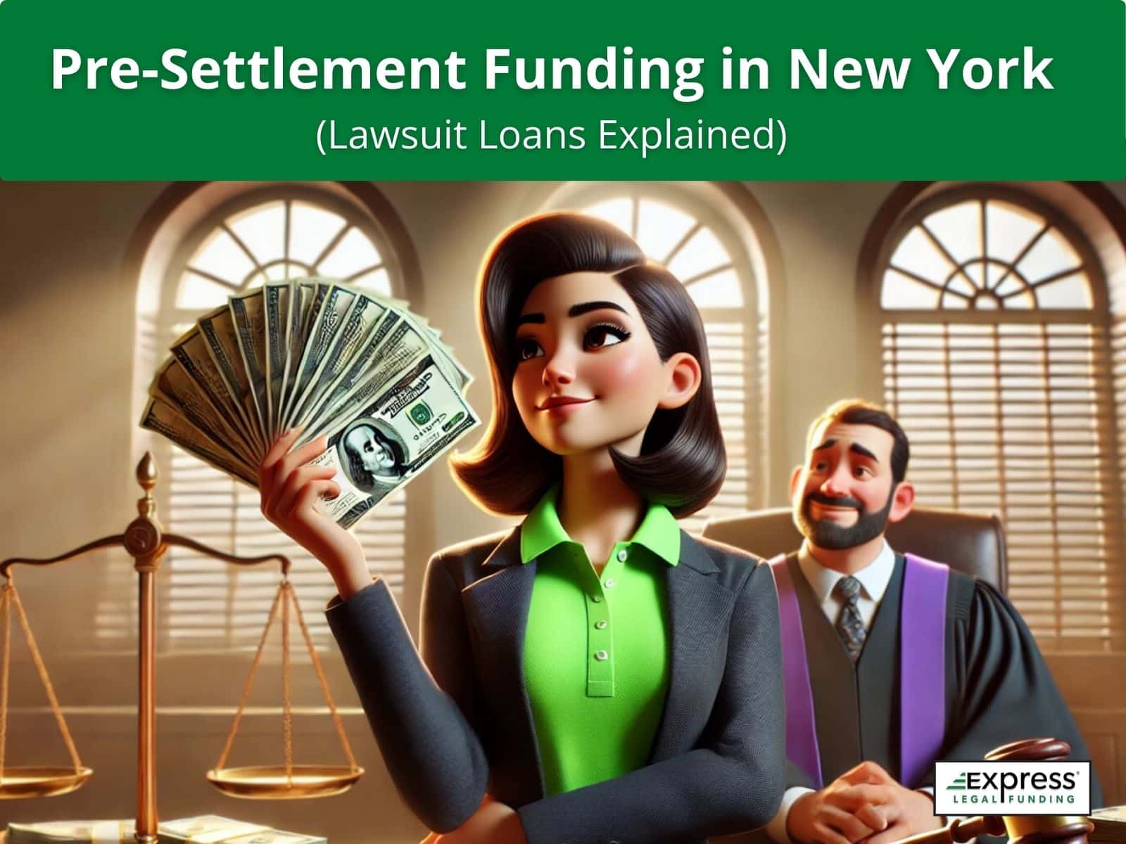 A woman holding cash in a courtroom representing pre-settlement funding in New York and lawsuit loan approval.