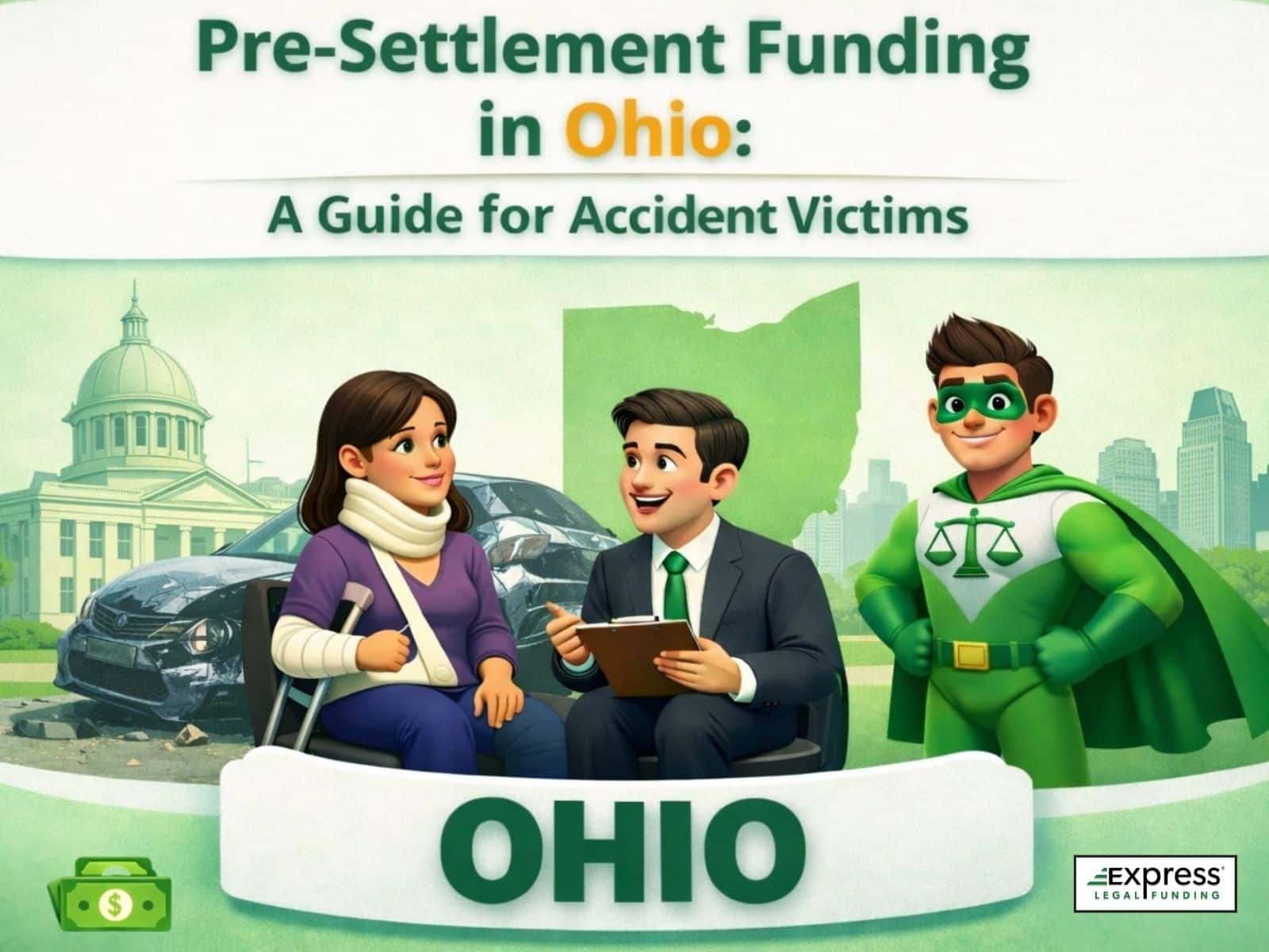 Illustration showing an injured Hispanic accident victim speaking with a lawyer about pre-settlement funding in Ohio, with a crashed car in the background and a legal funding superhero.