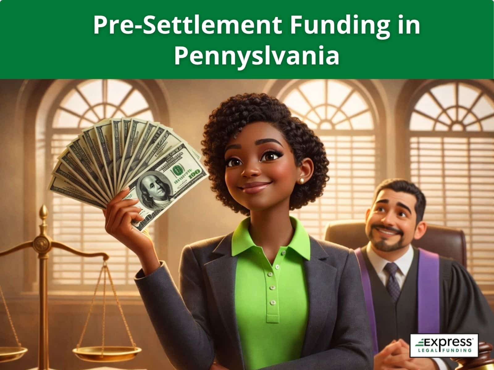 Confident woman holding cash in courtroom representing pre-settlement funding in Pennsylvania with attorney in background.