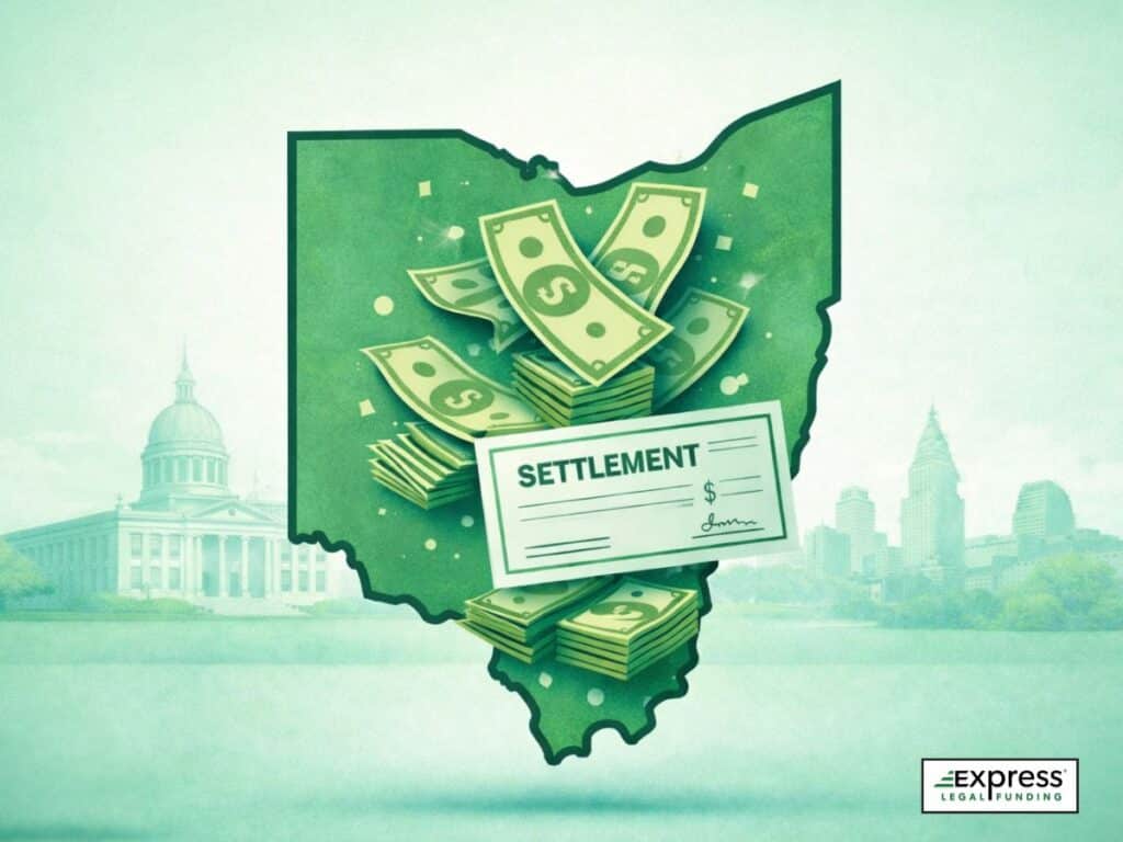 Illustration of the state of Ohio with stacks of cash and a settlement check representing pre-settlement funding and lawsuit settlement advances for accident victims.