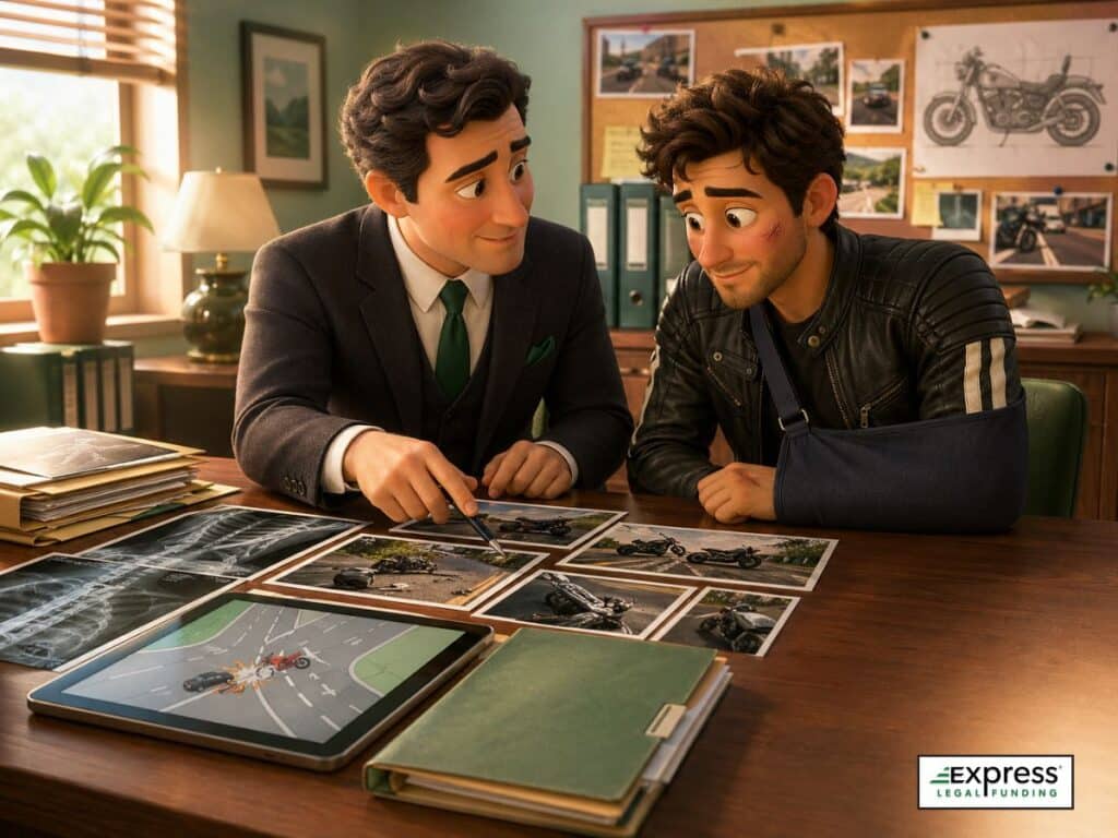 A motorcycle accident lawyer and injured rider carefully review crash photos, X-rays, and documents together at an organized office table.