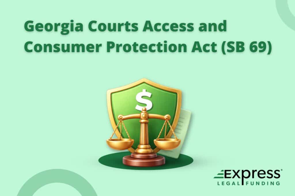 Georgia Courts Access and Consumer Protection Act SB 69 banner with scales of justice and shield icon representing lawsuit funding law.