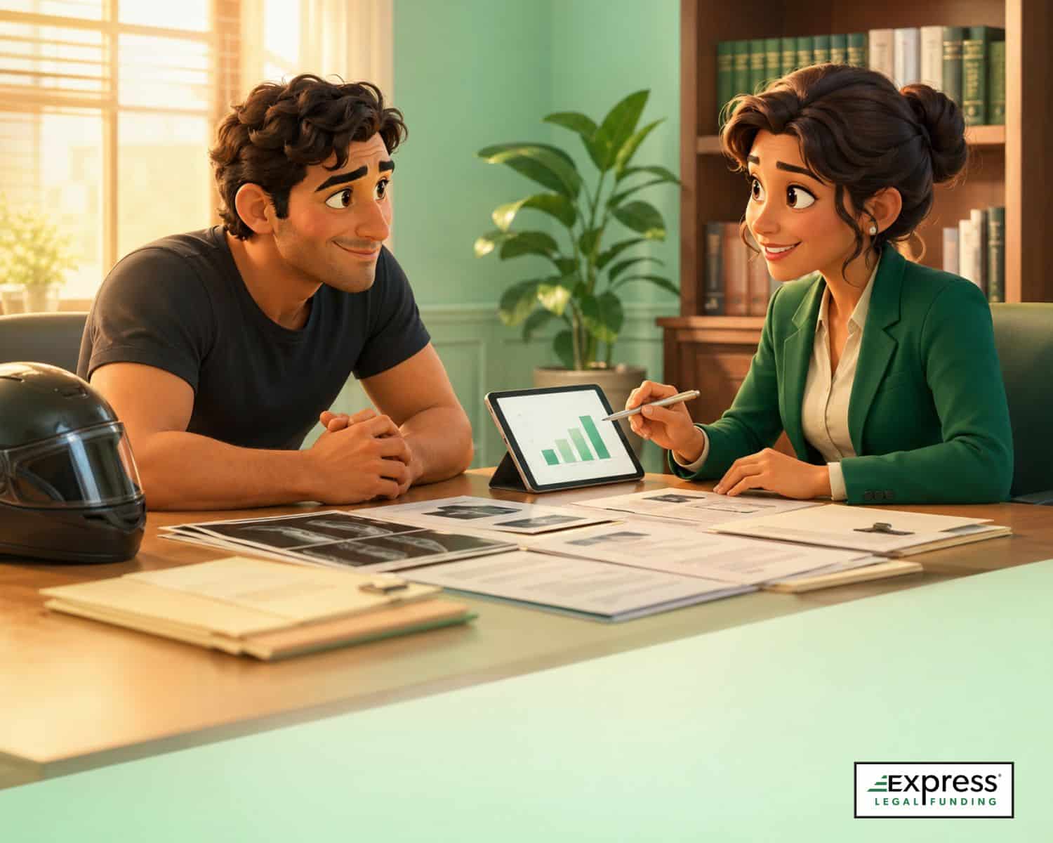 A compassionate motorcycle accident lawyer reviews medical records and claim documents with an injured rider in a warm modern office.