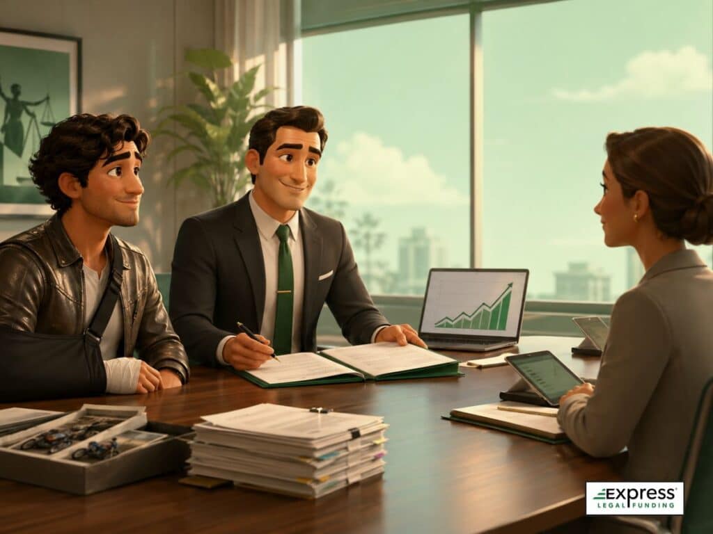 An injured rider and lawyer sit across from insurance representatives in a modern conference room, showing calm and confident settlement negotiation.