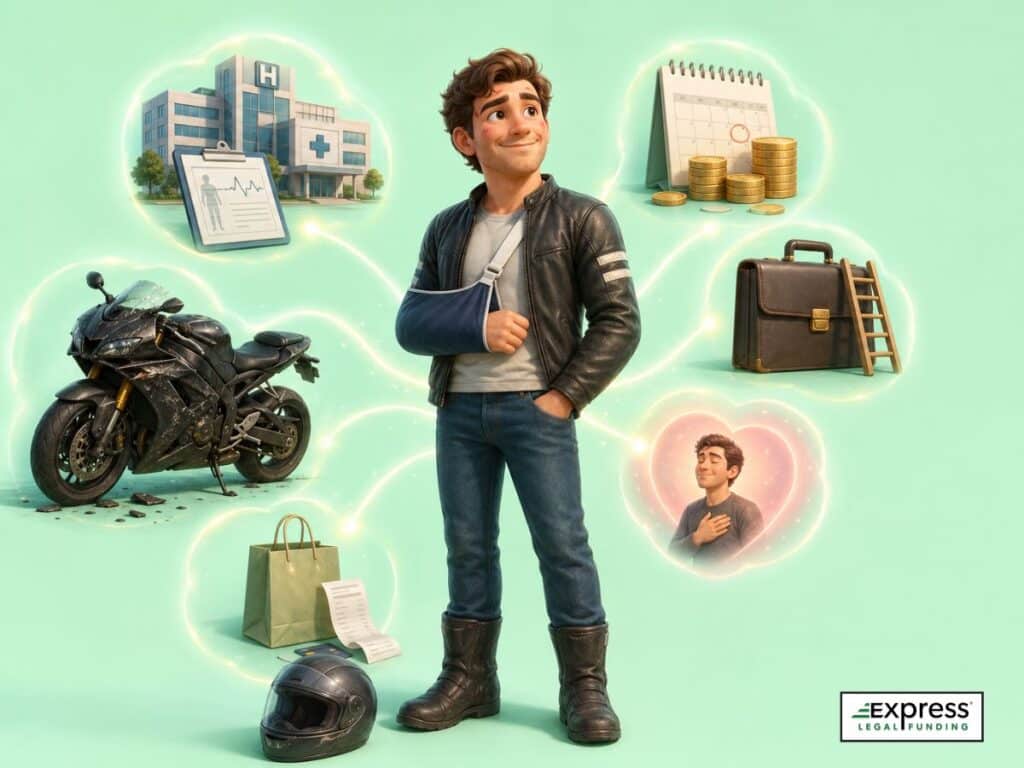 An injured motorcyclist stands confidently while floating visual elements represent medical bills, lost wages, earning capacity, pain and suffering, property damage, and out-of-pocket costs.