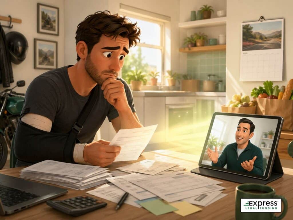 An injured motorcyclist at a kitchen table finds relief while speaking with a pre-settlement funding advisor on a tablet as bills feel less overwhelming.