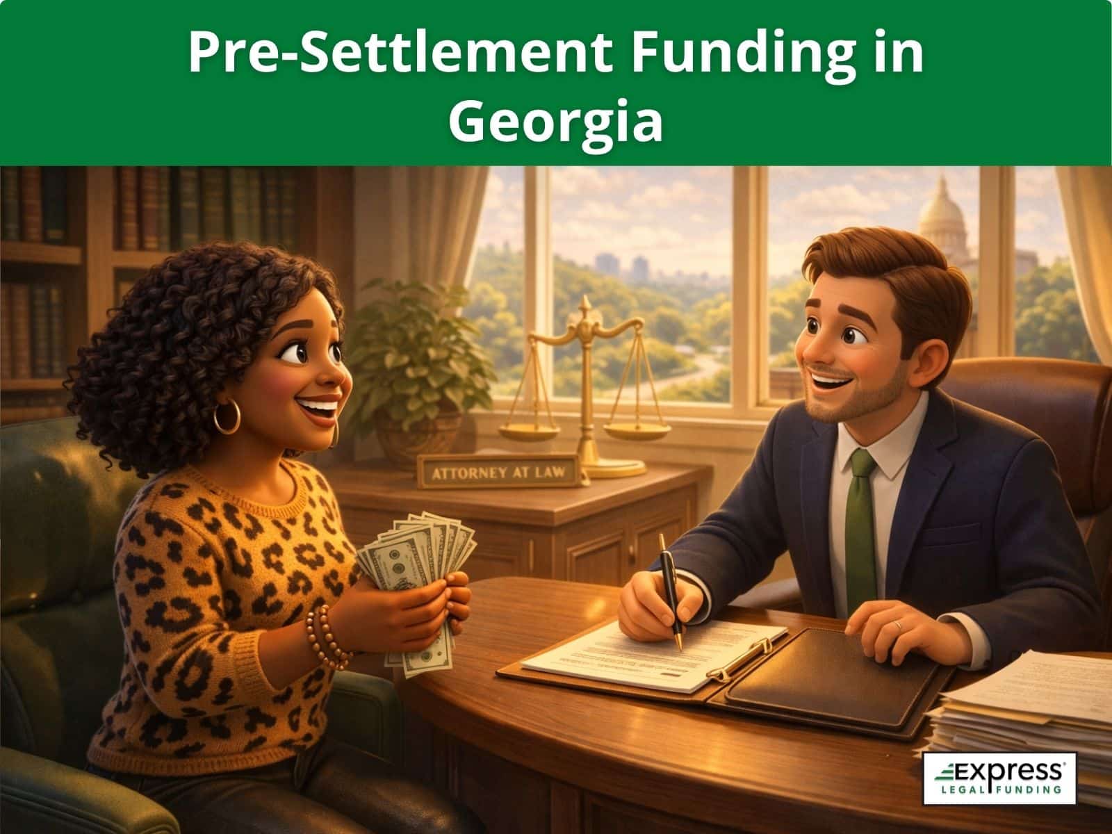 Client receiving cash from an attorney during a legal consultation about pre-settlement funding in Georgia.