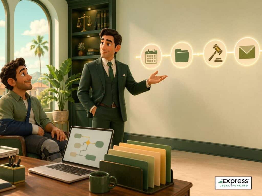 A lawyer explains a case timeline to an injured rider in a neatly organized office, symbolizing structure and professional guidance.
