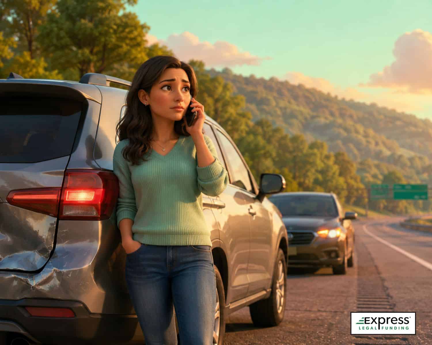 Woman standing beside a damaged vehicle on an Arkansas highway while calling about lawsuit funding after a car accident.