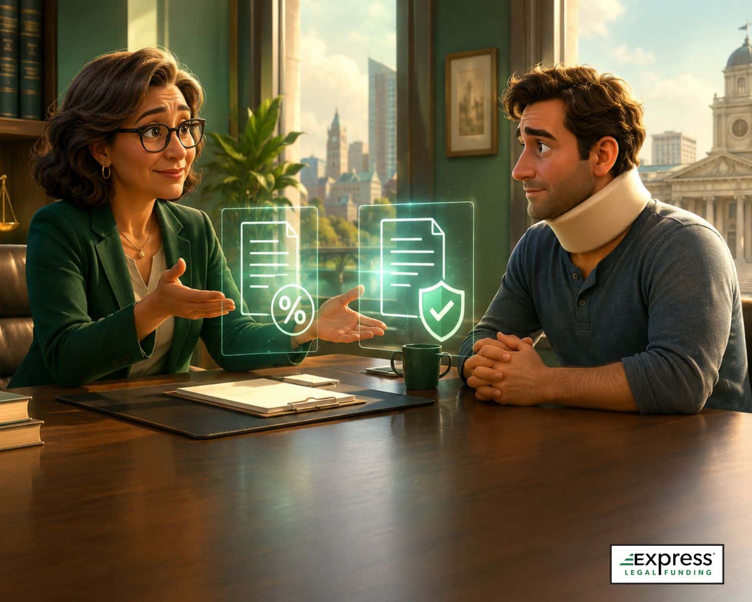 Legal office scene showing a Connecticut plaintiff meeting with an attorney to discuss car accident lawsuit loans in Connecticut.