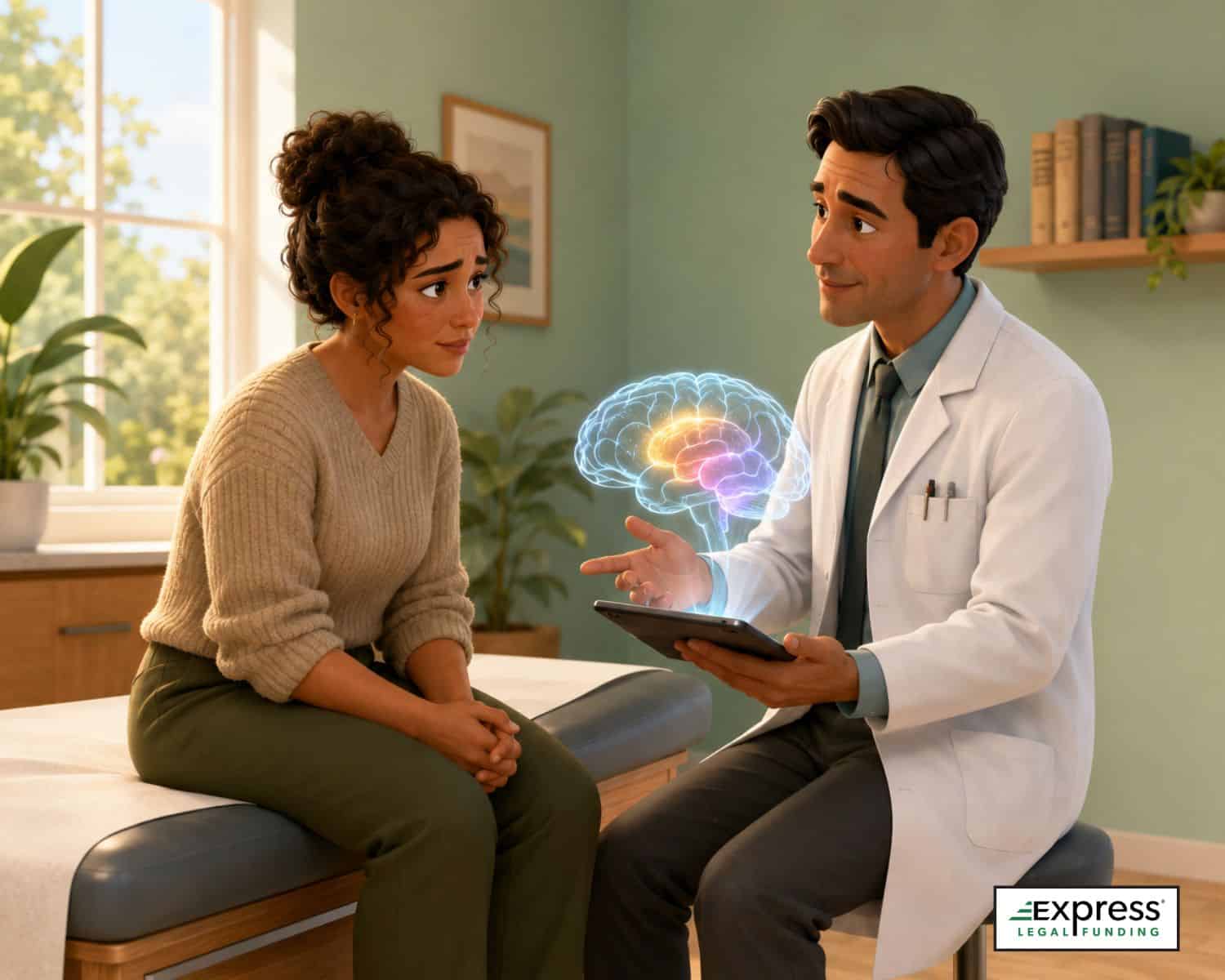 Doctor in a neurology clinic explains a brain diagram to a worried but relieved traumatic brain injury patient suffering from emotional problems.